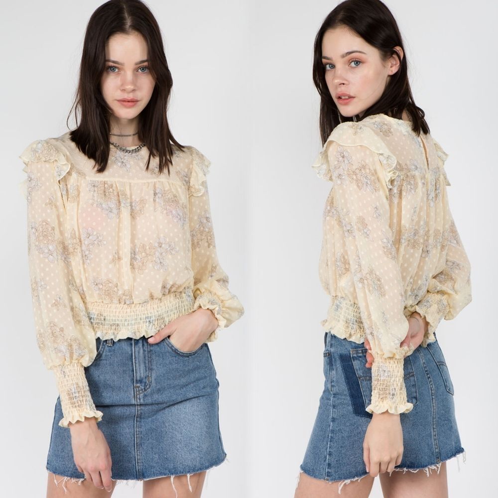 WHITEROOM+CACTUS Women's XS Smocking Detail Floral Blouse Sheer Yellow Bohemian
